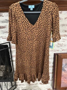 CeCe Brown Leopard Print V-Neck Ruffle Dress